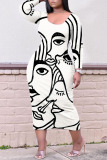 Black White Casual Print Patchwork O Neck Straight Plus Size Dresses