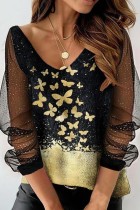 Yellow Casual Print Patchwork See-through V Neck Tops