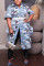Blue Casual Daily Print Printing Stringy Selvedge Shirt Collar Printed Dress Plus Size