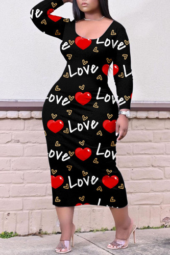 Black Red Casual Print Patchwork O Neck Straight Plus Size Dresses