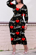 Black Red Casual Print Patchwork O Neck Straight Dresses