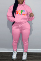 Pink Street Print Draw String Hooded Collar Plus Size Two Pieces