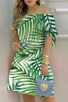 Green Casual Print Frenulum Off the Shoulder Short Sleeve Dress