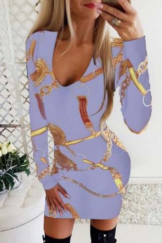 Light Purple Casual Print Basic V Neck Long Sleeve Dresses