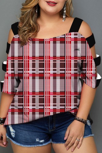 Plus Size Red Casual Print Hollowed Out Patchwork O Neck T-Shirts