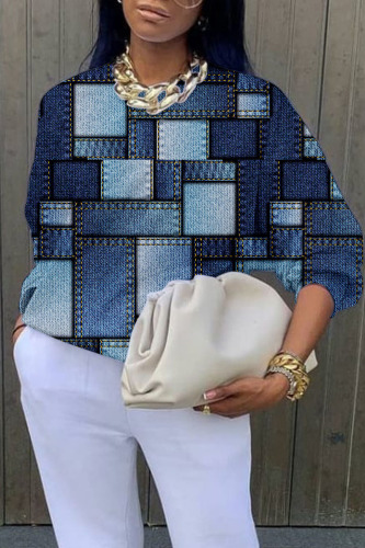 Dark Blue Casual Street Print Patchwork O Neck Tops
