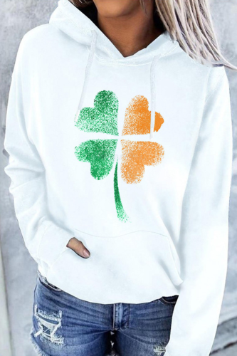 Green Orange Casual Print Patchwork Draw String Hooded Collar Tops
