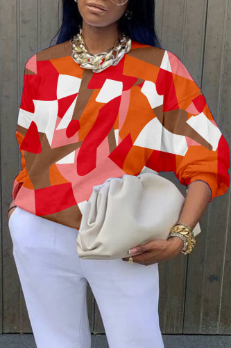 Pink Orange Casual Street Print Patchwork O Neck Tops