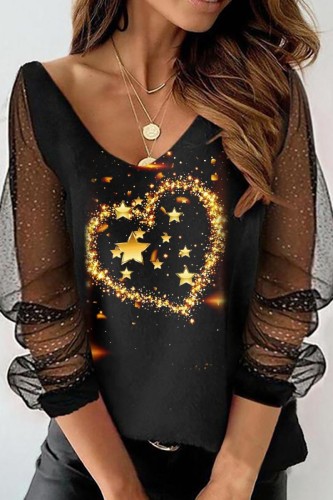 Golden Yellow Casual Print Patchwork See-through V Neck Tops