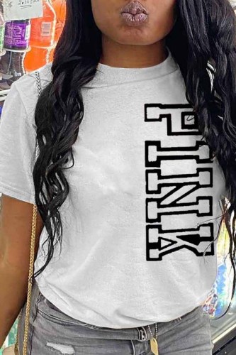 White Casual Print Letter O Neck T-Shirts