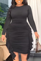 Black Elegant Solid Patchwork Flounce Fold Asymmetrical O Neck Pencil Skirt Plus Size Dresses