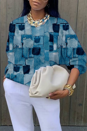 The cowboy blue Casual Street Print Patchwork O Neck Tops