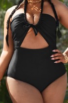 Black Sexy Solid Hollowed Out Backless Halter Plus Size Swimwear (With Paddings)