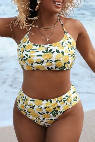Yellow Sexy Print Bandage Backless Halter Plus Size Swimwear (With Paddings)