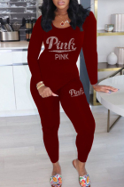 Burgundy Casual Letter Hot Drilling Basic O Neck Long Sleeve Two Pieces
