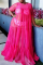 Rose Red Plus Size Sexy Casual Solid See-through Fold O Neck Mesh Dress Plus Size Dresses