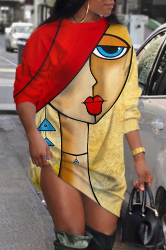 Red Yellow Casual Print Basic O Neck Long Sleeve Dresses