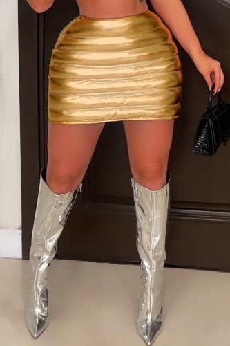 Gold Sexy Casual Solid Patchwork Skinny High Waist Conventional Solid Color Skirts