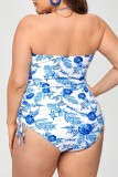 Blue Sexy Print Bandage Backless Halter Plus Size Swimwear (With Paddings)