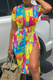 Red Yellow Casual Print Slit O Neck Short Sleeve Dress