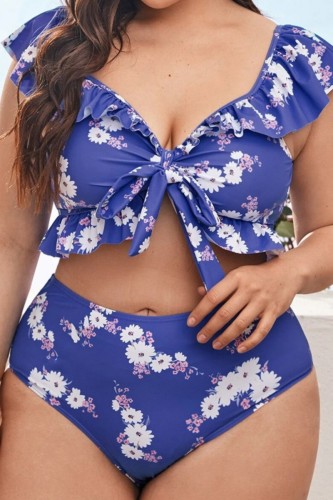 Blue Sexy Print Bandage V Neck Plus Size Swimwear (With Paddings)