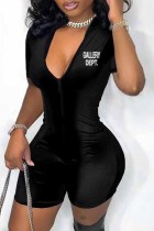 Black Street Print Letter Zipper Collar Jumpsuits