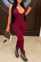 Burgundy Sexy Solid Patchwork Halter Skinny Jumpsuits