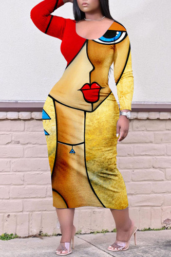 Dark Yellow Casual Print Patchwork O Neck Straight Plus Size Dresses