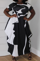 Black Casual Print Basic O Neck Short Sleeve Dress Plus Size Dresses