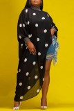 Black Sexy Casual Dot Print See-through Asymmetrical Turtleneck Long Sleeve Plus Size Dresses