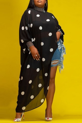 Black Sexy Casual Dot Print See-through Asymmetrical Turtleneck Long Sleeve Plus Size Dresses