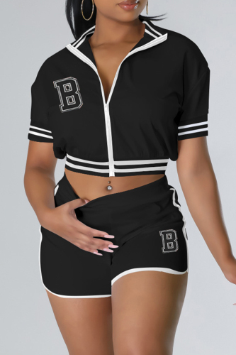 Black Casual Letter Embroidery Patchwork Zipper Collar Short Sleeve Two Pieces
