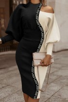 Black Casual Print Hollowed Out Patchwork Contrast Half A Turtleneck Long Sleeve Dresses
