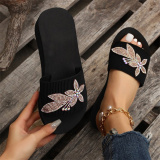 Black Casual Patchwork Solid Color Rhinestone Round Comfortable Wedges Shoes (Heel Height 1.97in)