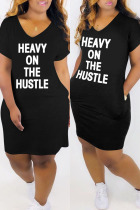 Black Casual Letter Print Basic V Neck Short Sleeve Dress