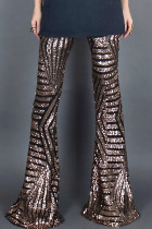 Brown Sexy Street Sequins Patchwork Boot Cut High Waist Speaker Patchwork Bottoms