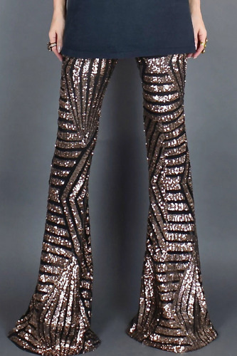 Brown Sexy Street Sequins Patchwork Boot Cut High Waist Speaker Patchwork Bottoms