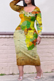 Yellow Casual Print Patchwork O Neck Straight Plus Size Dresses