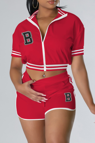 Red Casual Letter Embroidery Patchwork Zipper Collar Short Sleeve Two Pieces