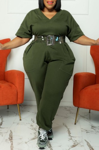 Army Green Casual Solid Basic V Neck Plus Size Jumpsuits (Without Belt)