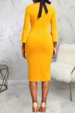 Yellow Vintage Elegant Solid Patchwork Slit Halter One Step Skirt Dresses