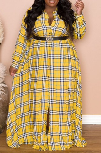 Yellow Casual Print Patchwork Turndown Collar Shirt Dress Plus Size Dresses (Without Belt)