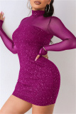 Purple Fashion Sexy Patchwork Sequins See-through Turtleneck Long Sleeve Dresses