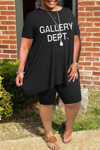 Black Casual Print Letter O Neck Plus Size Two Pieces