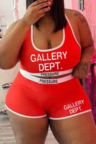 Red Street Print Patchwork Letter U Neck Plus Size Two Pieces