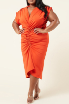 Red Casual Solid Fold V Neck Short Sleeve Dress Plus Size Dresses