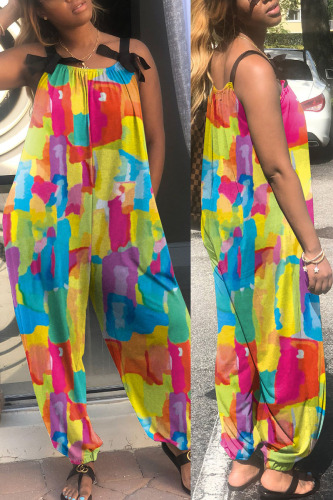 Yellow Casual Print Patchwork Spaghetti Strap Loose Jumpsuits