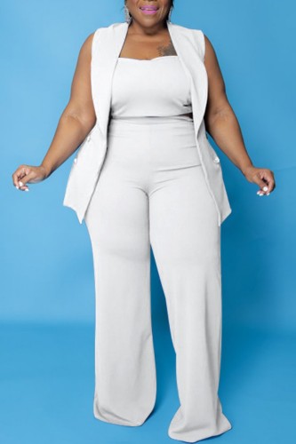 White Casual Solid Basic Turndown Collar Plus Size Three Piece Set