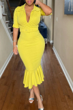 Yellow Casual Solid With Belt Shirt Collar Sheath Dresses
