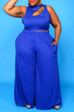 Blue Plus Size Sexy Casual Solid Hollowed Out Asymmetrical Collar